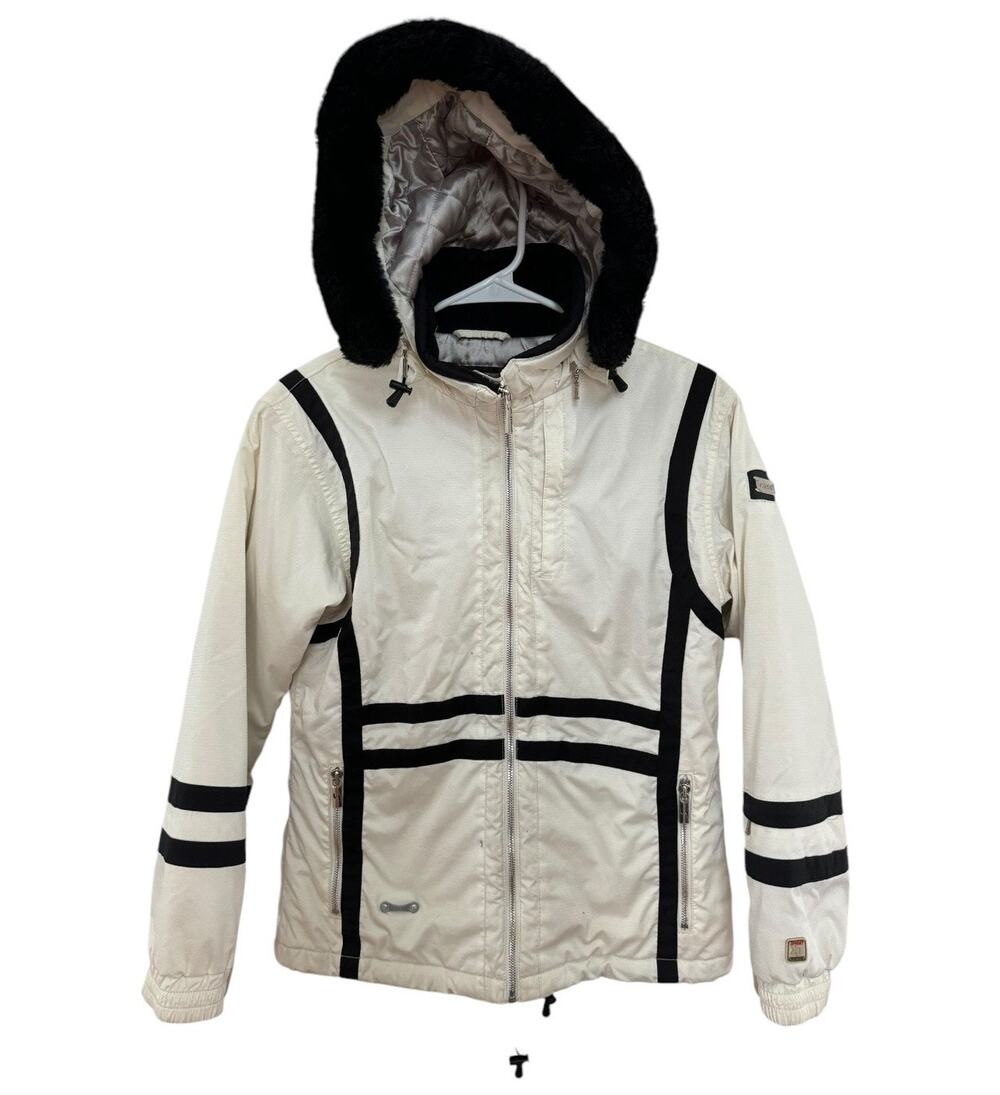 Spyder For Girls white & black ski snowboard coat removable fur hood aged 12-14